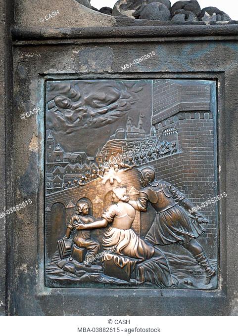 Czech republic, Prague, Karl-bridge, bridge-figure, Johann von Nepomuk, detail, pedestals, relief, Ertränkung, 1393, Bohemia, the Czech republic, Haupstadt