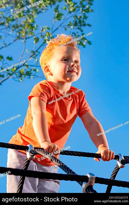 Little boy standing on ropes in a playground and looking confidently into the distance. A new growing sprig..