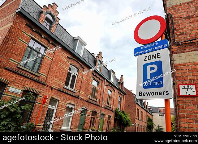 A traffic sign indicating a forbidden entry zone and parking reserved for locals pictured in Gent on Sunday 13 August 2023.