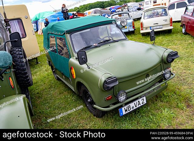 PRODUCTION - 27 May 2022, Mecklenburg-Western Pomerania, Anklam: Trabant vehicles can be seen at the 27th International Trabi Meeting. Until 29.05