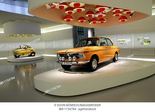 BMW 2002 TI, left BMW Isetta 250, BMW Museum, Munich, Bavaria, Germany, Europe