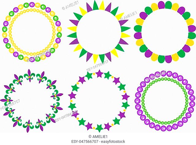 Mardi Gras frame set. Cute round border with space for text. Isolated on white background. Vector illustration