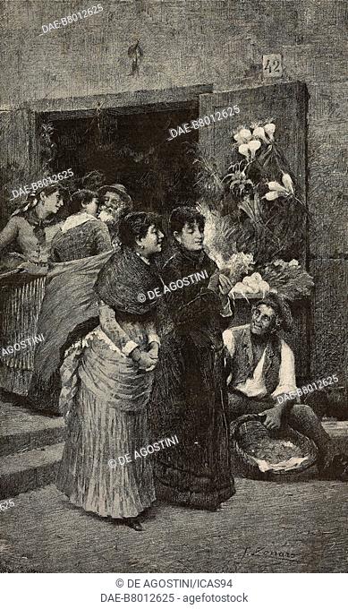 Old acquaintances, two women walking, from a painting by Fausto Zonaro, engraving from L'Illustrazione Italiana, No 20, May 16, 1886
