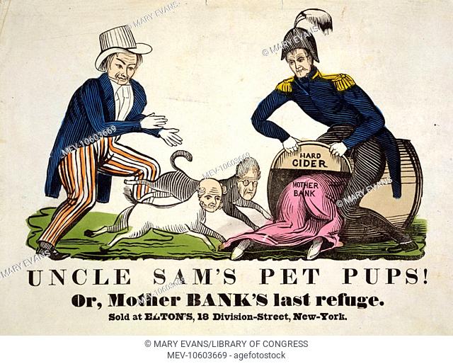 Uncle Sam's pet pups! Or, Mother Bank's last refuge. A crude woodcut satire showing Harrison luring Mother Bank, Jackson