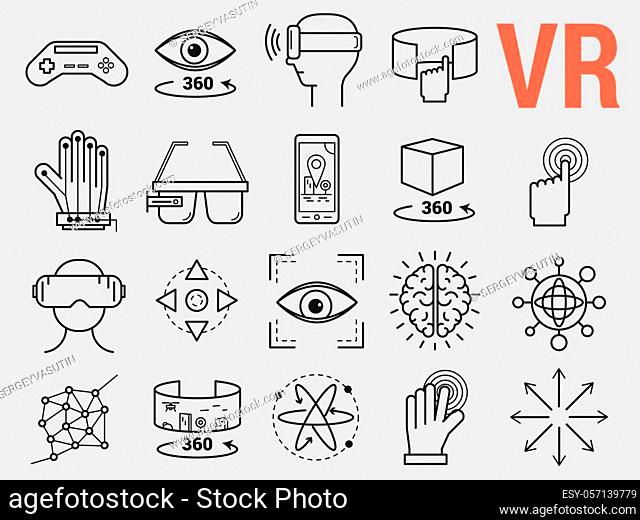 Vector set of thin line icons - virtual reality modern computer entertainment