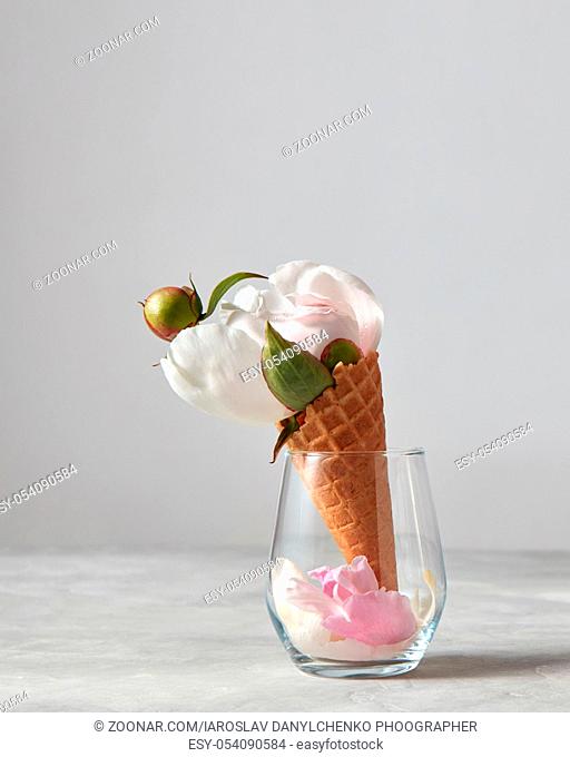Sweet waffle cone with beautiful white peony flower and petals in a glass cup on a gray background with copy space. Summer concept of congratulations for...