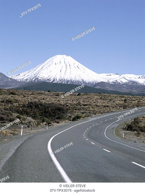 Capped, Empty road, Holiday, Landmark, Mount ngarahoe, Mountain, New zealand, North island, Snow, Tongariro, Tongariro national