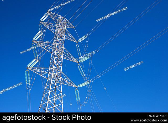 Power line and clear sky in Zaragoza province, Aragon in Spain