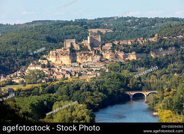 The medieval Chateau de Beynac rising on a limestone cliff above the Dordogne River seen from Castelnaud. France, Dordogne department, Beynac-et-Cazenac