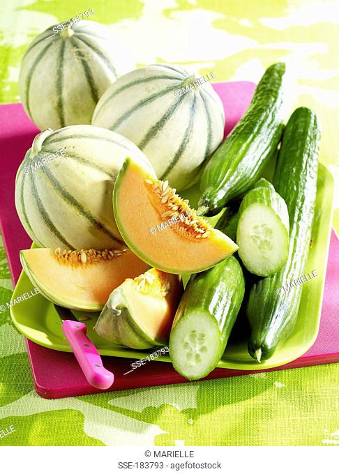 Melons and cucumbers on a tray