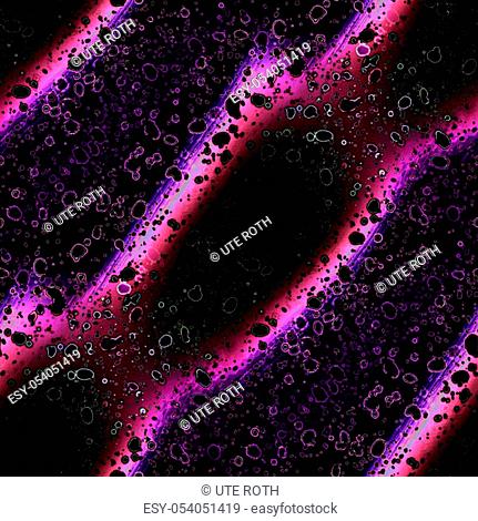 Abstract dark background diagonally. Irregular stripes pattern pink, violet, dark red and purple on black with oval black elements and dots with light outlines