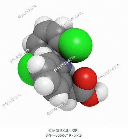 Diclofenac anti-inflammatory drug, molecular model. This is a non-steroidal anti-inflammatory drug NSAID that is used in the treatment of pain and inflammation