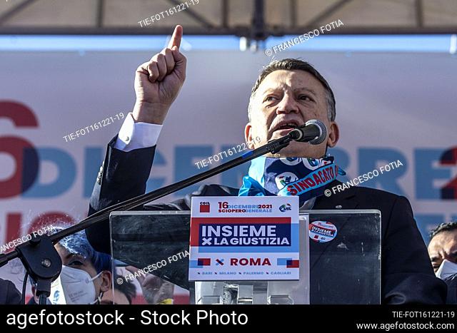 Pierpaolo Bombardieri secretary of Union Italian of Work, UIL during the demonstration 'Together for justice' as part of the general strike called by CGIL and...