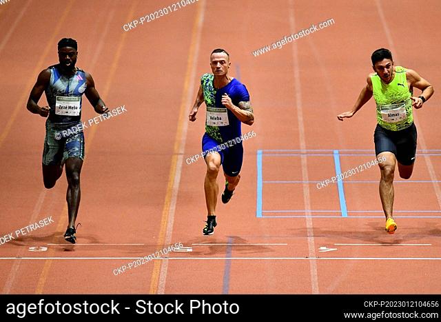 L-R Mickael Zeze Meba from France, Jan Veleba from Czech Republic and Deniz Almas from Germany, heat of 60 meters men during the Jablonec Indoor international...