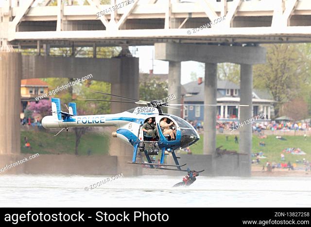 Louisville, Kentucky, USA - April 13, 2019: Thunder Over Louisville, Louisville Metro Police Department LMPD Air Operations MD 520N performing a recue...