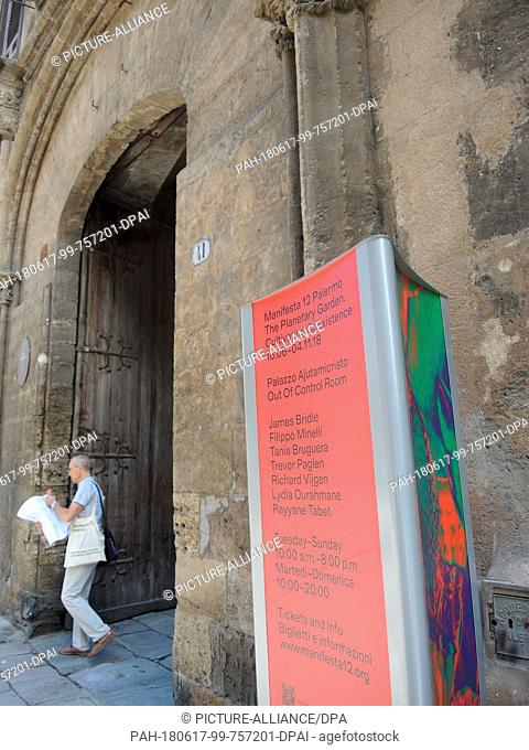 16 June 2018, Palermo, Italy: A visitor leaves the Palazzo Forcella De Seta in Palermo. The European exhibition of contemporary art is taking place in Palermo...