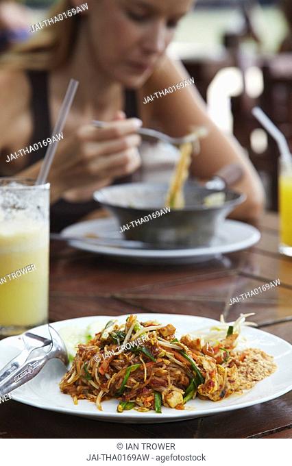 Dish of Pad Thai noodles at beachside restaurant, Railay, Krabi Province, Thailand MR