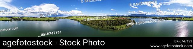 360 degree panorama of Riegsee, Riegsee village, drone shot, alpine foothills, Upper Bavaria, Bavaria, Germany, Europe
