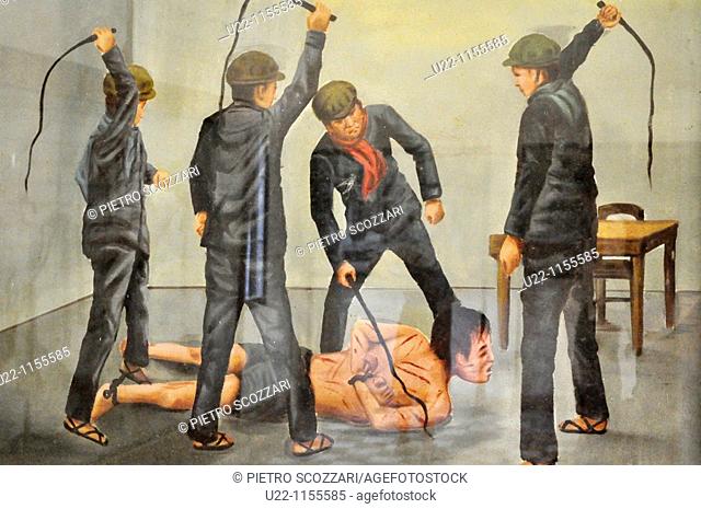 Phnom Penh (Cambodia): painting depicting a prisoner tortured by Khmer Rouge soldiers at the Killing Fields of Choeung Ek