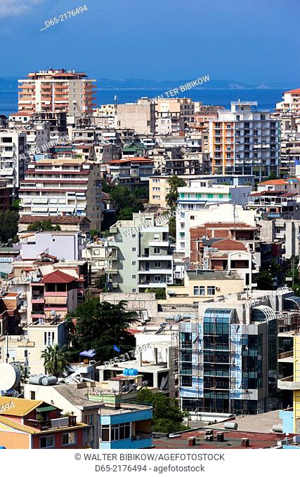 Albania, Albanian Riviera, Saranda, elevated city view