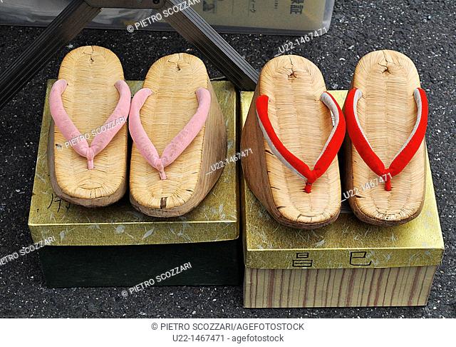 Kyoto (Japan): geta (traditional Japanese footwear that resemble both clogs and flip-flops) sold at the Tenjin flea market, by the Kitano Tenmangu shrine