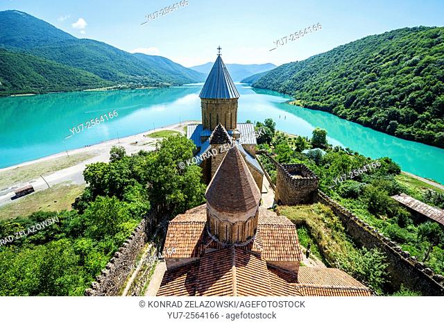 Medieval Ananuri Castle with Church of the Assumption over Aragvi River in Georgia