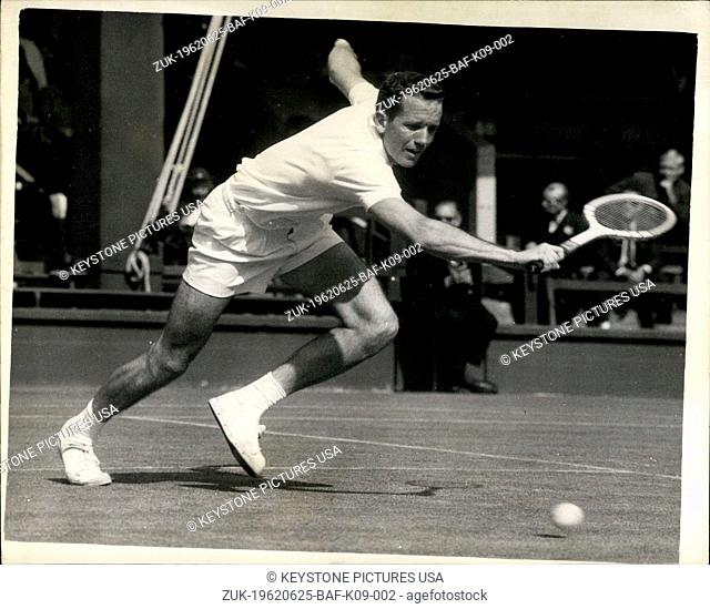 Jun. 25, 1962 - Wimbledon first day: Photo shows E.A. Neely (USA) in play against Neil Fraser (Australia) on No. 1 court at Wimbledon today