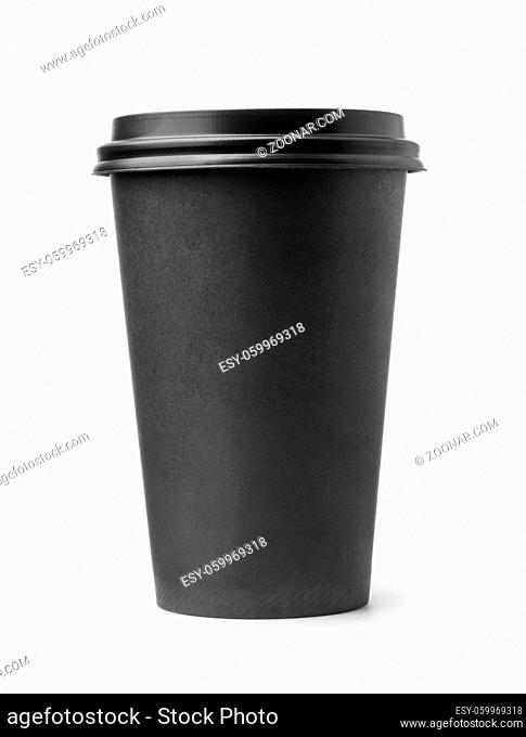 Front view of black disposable paper coffee cup with lid isolated on white