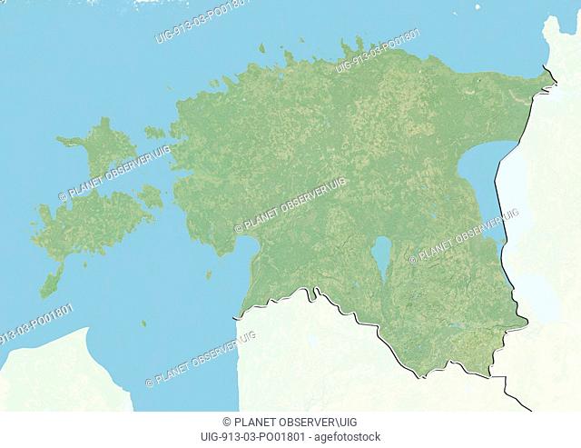 Relief map of Estonia with border and mask. This image was compiled from data acquired by landsat 5 & 7 satellites combined with elevation data