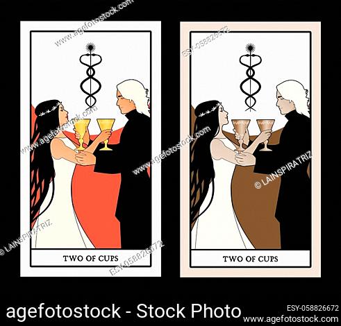 Two of cups. Tarot cards. Young couple offering a golden cup to each other. Caduceus symbol of two entwined snakes