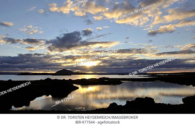 Lake Mývatn at sunset, view of pseudocrater near Skútustaðir, Iceland, Europe