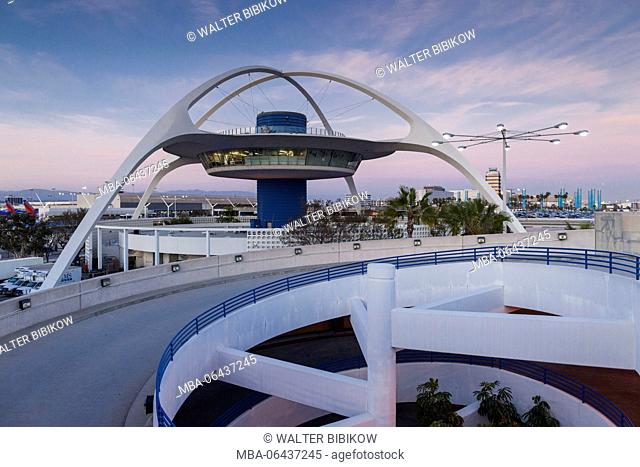 USA, California, Los Angeles, LAX, Los Angeles International Airport, former airport control tower, now a bar, dusk
