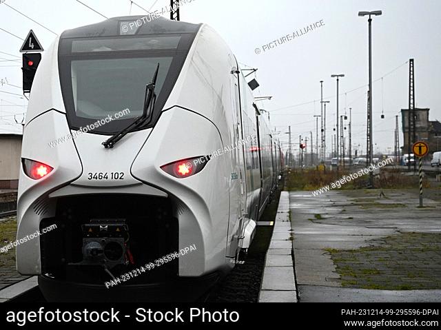 14 December 2023, Saxony, Leipzig: A model of a new S-Bahn train is presented on a track at Leipzig Central Station. The new trains are scheduled to run on the...