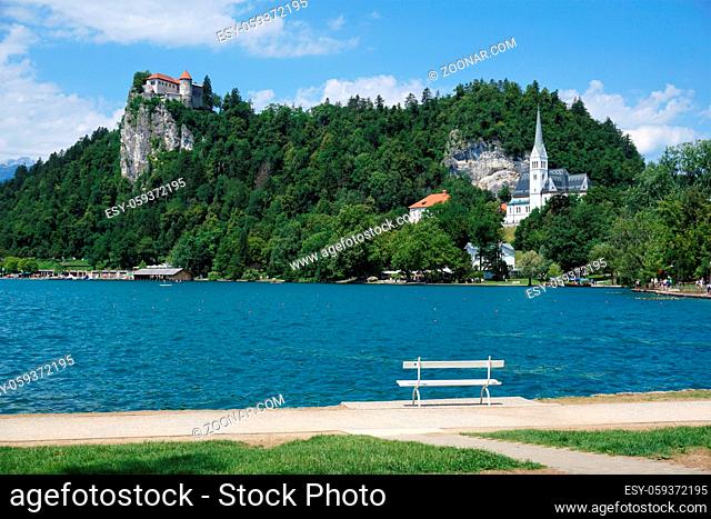 Lake Bled, Slovenia with castle and white bench
