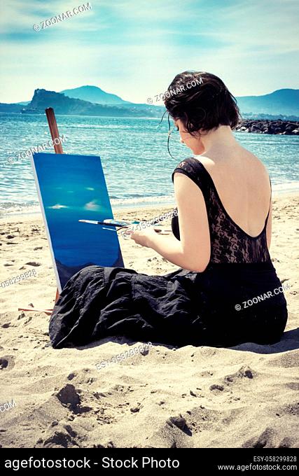 beautiful woman on the beach painting on canvas sea landscape filtered image effect