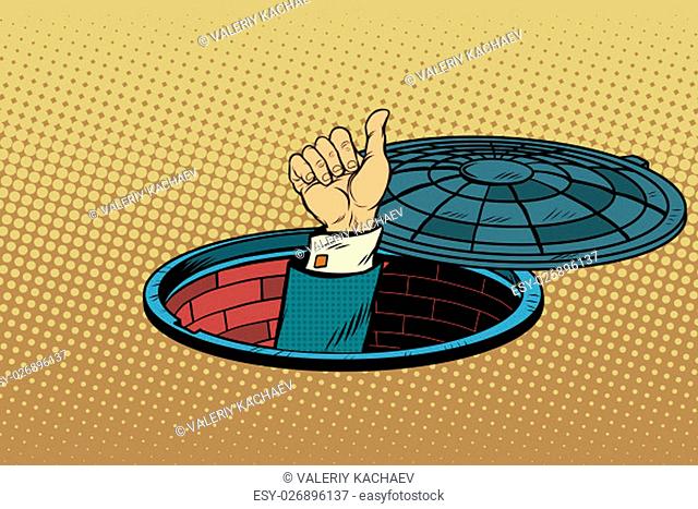 Hand gesture is all right, pop art retro vector illustration, a manhole