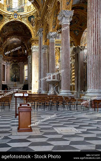 the interior of the basilica della santissima annunziata del vastato in genao, italy. this cathedral is decorated by the major baroque studios and artists of...