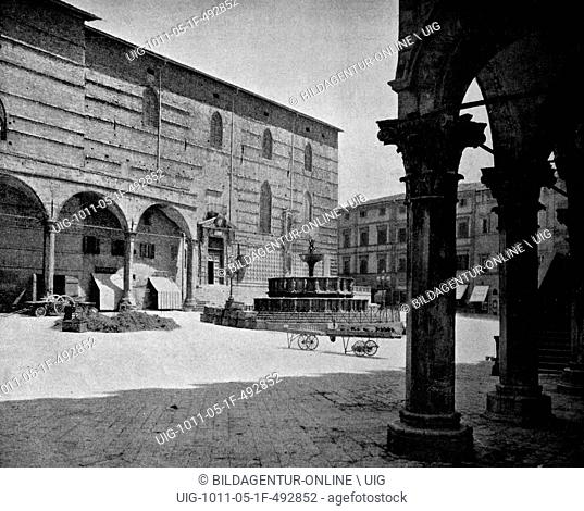 One of the first autotype prints, place du municipe square, historic photograph, 1884, perugia, italy, europe