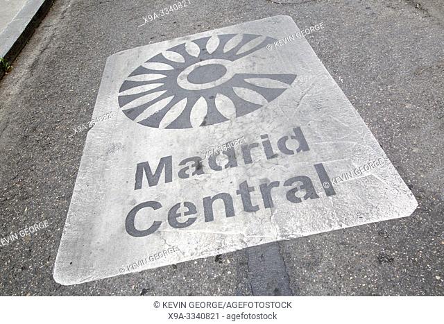 Madrid Central Street Sign, Spain on Diagonal Slant