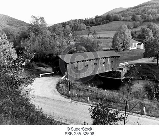 High angle view of a covered bridge across a river, West Arlington, Vermont, USA