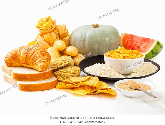 High Glycaemic Index Foods - carbohydrates which have a high glycaemic index rating, on a white background. Front to back focus