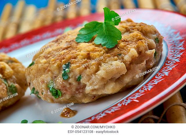 Roasted Cod and Chorizo Fish Cakes , close up