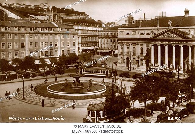 Rossio Square, previously known as Praca Dom Pedro IV (King Pedro IV Square), Lisbon, Portugal, with the National Theatre on the right
