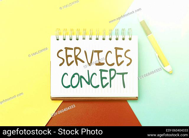 Hand writing sign Services Concept, Conceptual photo mediate between customer needs and company strategic intent Colorful Perpective Positive Thinking Creative...