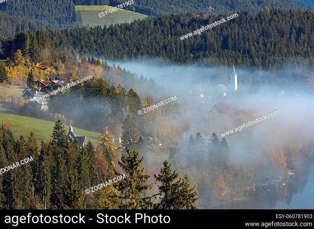 View to theTitisee in morning mist, with hills, Titisee-Neustadt, Black Forest, Baden-Wurtemberg, Germany