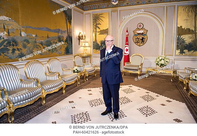 Tunisian President Beji Caid Essebsi stands in the presidential palace and waits for German Defence Minister von der Leyen (not pictured) in Tunis, Tunisia