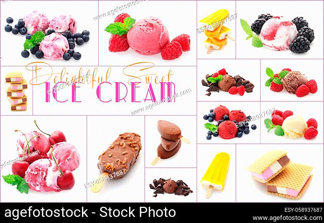 Collage Of Various Sorts Of Ice Cream Isolated On White