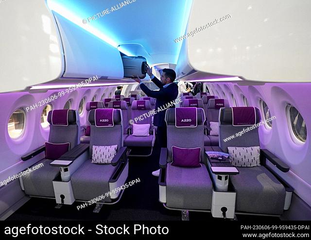 06 June 2023, Hamburg: A look inside a mock-up of the Airspace cabin of an Airbus A220 at the Aircraft Interiors Expo (AIX) in the exhibition halls