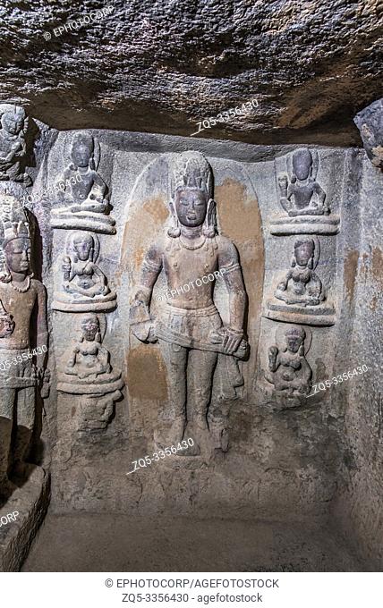Cave 23, Right wall showing Bodhisattva with six female figures, Nasik, Maharashtra
