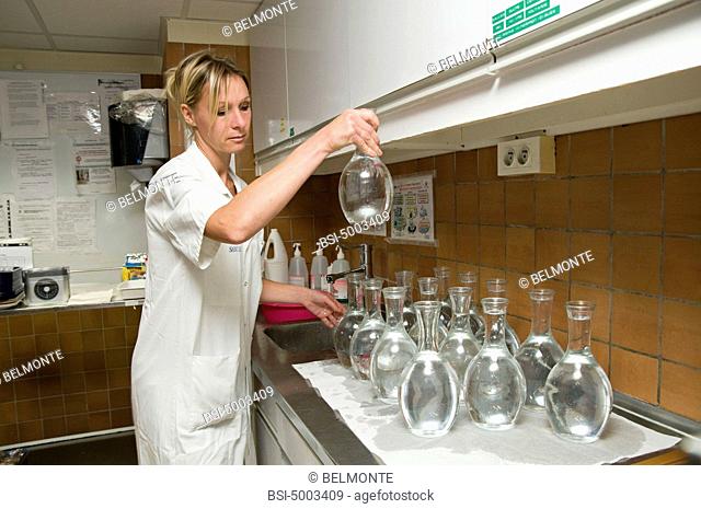 Photo essay at Saint-Louis hospital, Paris, France. Nurse's aide in the department of endocrinology. Preparation of the meal